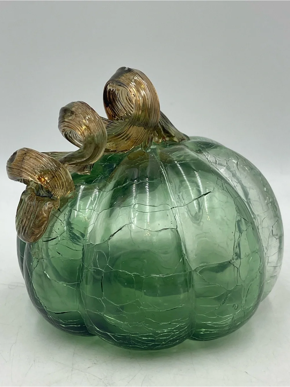 Vintage Hand Blown Green Ombre Crackle Art Glass Pumpkin with Amber Twisted Stem